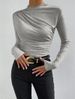 Women's Slim Fit Base Shirt Long Sleeve T-Shirt Versatile Pleated Design Solid Color Style Top_ecoleips.com