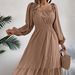 2026 Spring/Summer European And American Casual Solid Color Square Neck Long Sleeve Waist-Cinching Ruffle A-Line Dress_ecoleips.com