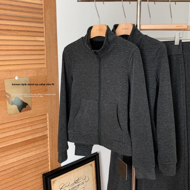 Korean-style Casual Sportswear For Women, Spring Autumn Slim-fit Half-high Collar Cardigan Sweatshirt And Long Pants_ecoleips.com
