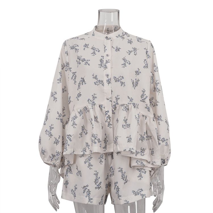K New Arrival Little Chiffon Dress Set With Puff Sleeves, High Neck, Ruffles, And Floral Print Shorts_ecoleips.com