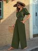 K Women's Jumpsuit Buttoned Short Sleeved V-neck Neck Pleated Jumpsuit Casual Wide Leg Pants_ecoleips.com