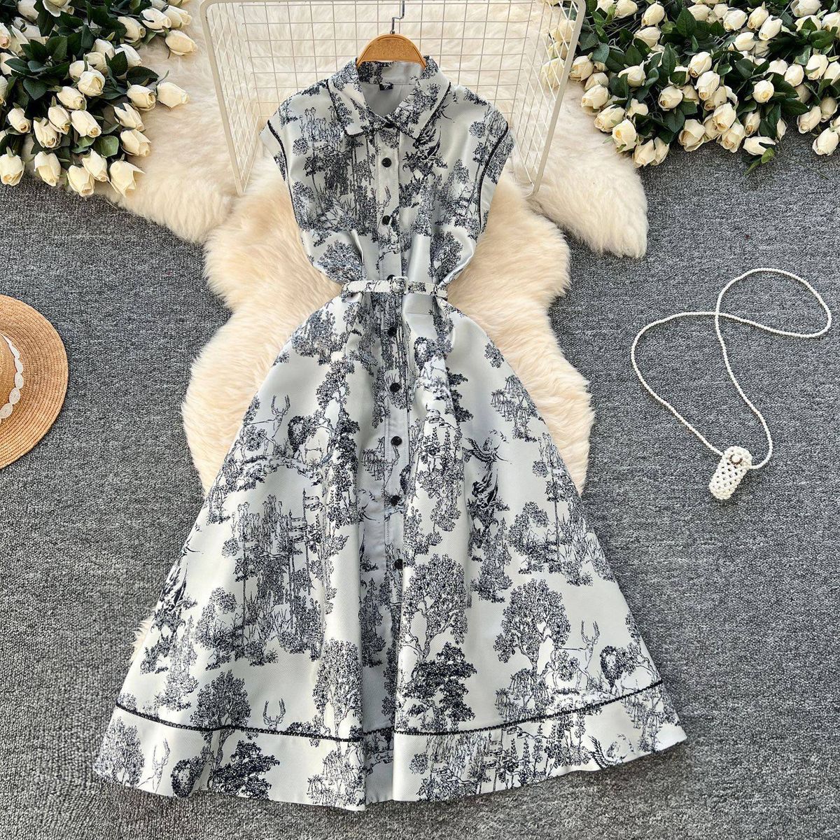 Women's Clothing High End Elegant Dress Lapel Sleeveless Waist Single Breasted Ink Painting Jacquard Long Skirt_ecoleips.com