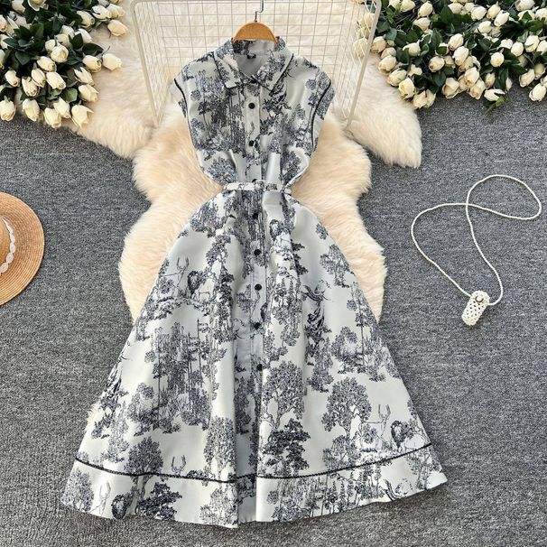 Women's Clothing High End Elegant Dress Lapel Sleeveless Waist Single Breasted Ink Painting Jacquard Long Skirt_ecoleips.com
