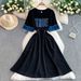 Women's Summer Casual Denim Short Sleeve Dress With Letter Print, Drawstring Waist, Flattering Fit, Mid-Length Knit Blend Dress_ecoleips.com