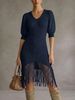 Breathable V Neck Chiffon Puff Sleeve Fringe Hem Loose Rib Knit Dress_ecoleips.com