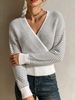 White Grey Stripe Cross Wrap Pit Rib Knit Sweater, Loose V Neck Lightweight Breathable Soft Skin-touch Long Sleeve Pullover_ecoleips.com