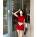 Red Slim Fit Off-Shoulder T-Shirt Top Sexy Hot Girl Outfit Women Summer Bodycon Short Skirt Nightclub Two-Piece Set_ecoleips.com