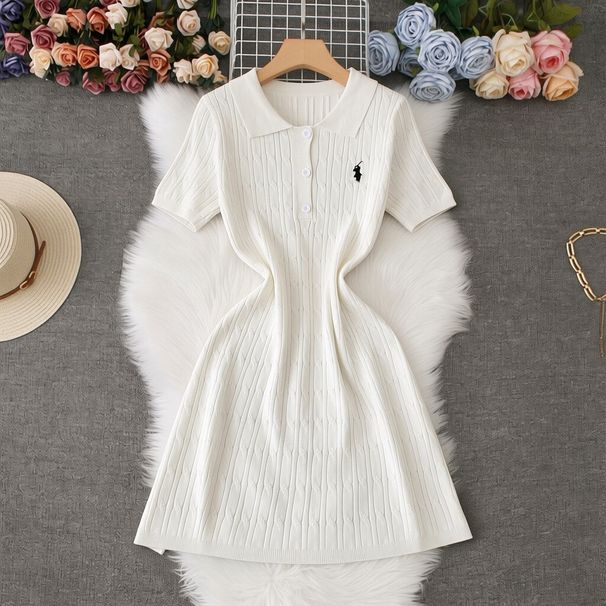 Summer Polo Collar Knitted Bodycon Dress For Women, Slim Fit Short Sleeve Elegant Tunic Dress Versatile Seasonal Colors:_ecoleips.com