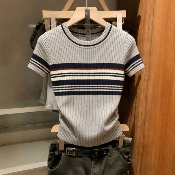 Women's Contrast Trim Knit Short Sleeve Top Slim Fit round Neck Casual Tee Versatile Office And Daily Wear Unique Design with Youthful Vibe_ecoleips.com