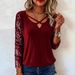 Elegant V-Neck Long Sleeve Blouse With Sequin Accents - Stretch Knit Fabric For Women (Red/Black, S-XXL)_ecoleips.com
