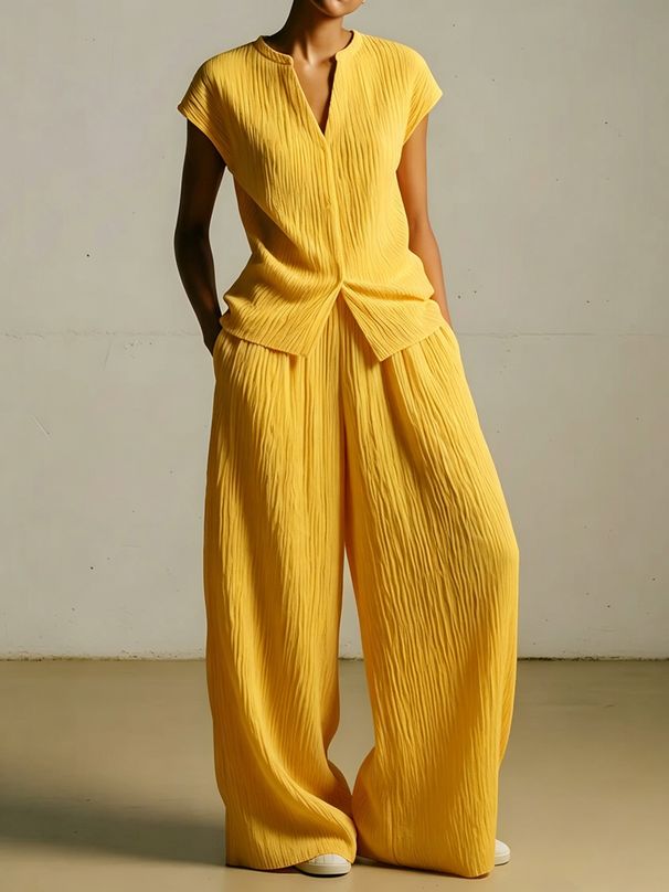 Women's Casual V Neck Pleated Textured Two Piece Set High Waisted Independent Website Bestselling Summer Pant Ensemble_ecoleips.com