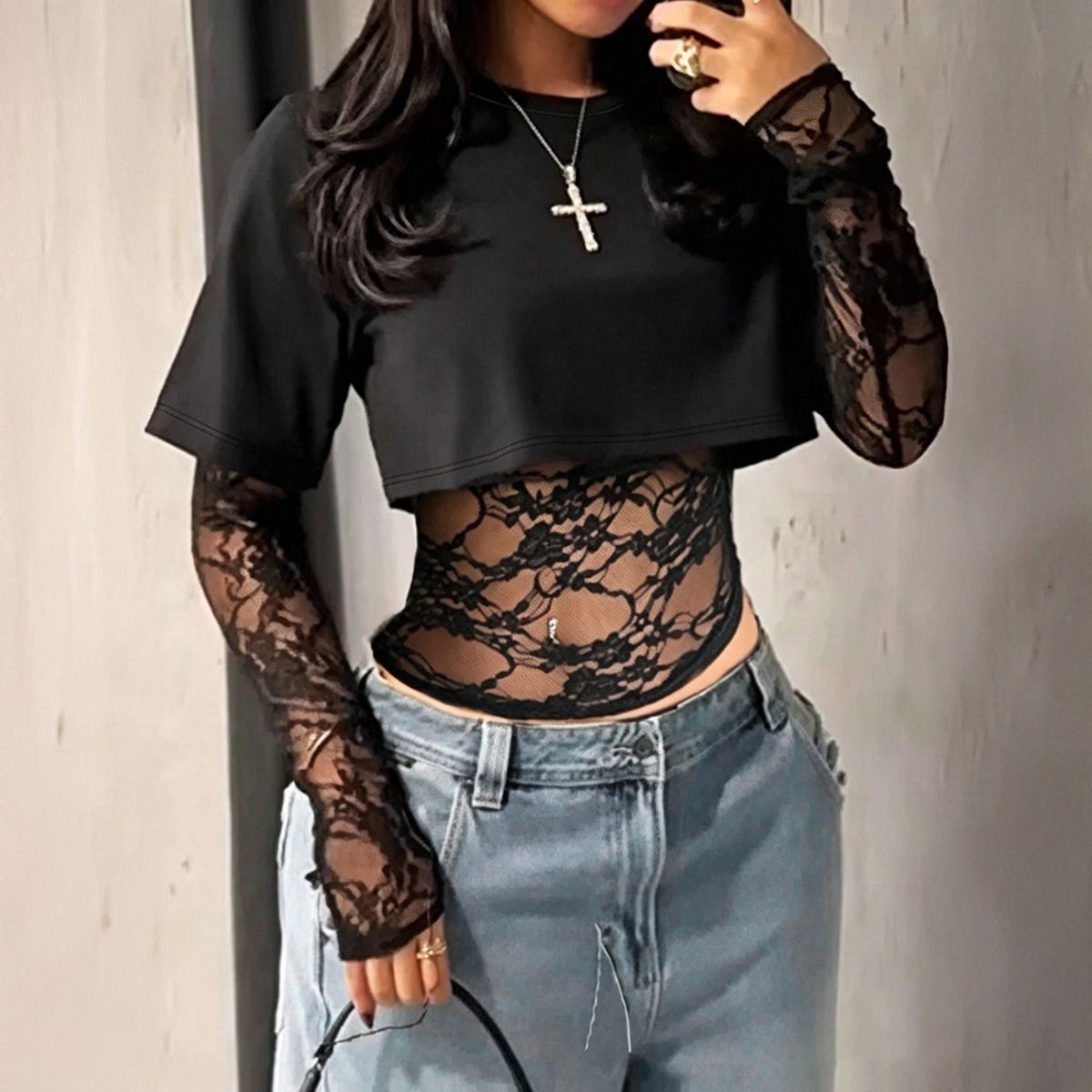 Y2K Lace Patchwork Top For Women Sexy Hot Girl Autumn Clothing Relaxed Everyday Wear Comfortable Feshion_ecoleips.com