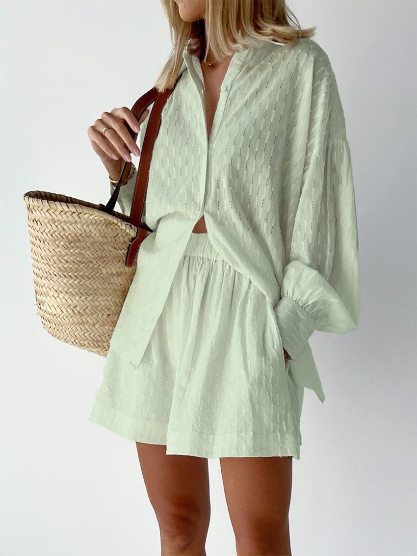 Autumn Women's Style Jacquard Shirt With Puff Sleeves Elegant Top And Shorts Set Casual Commuting Outfit_ecoleips.com