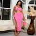 Women's Clothing Sexy Solid Color U Neck Suspender Top High Waist Slit Long Skirt Set_ecoleips.com
