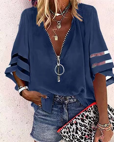 Women's European American Style V Neck Zip up Shirt Loose Fit Chiffon Top with Half Flare Sleeves Mesh Patchwork 2025 Fashion_ecoleips.com