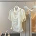Women's Pure Elegant Short Sleeve T-Shirt Summer Style Faux Two-Piece Waist Cinching Pleated Versatile Top with Scarf_ecoleips.com