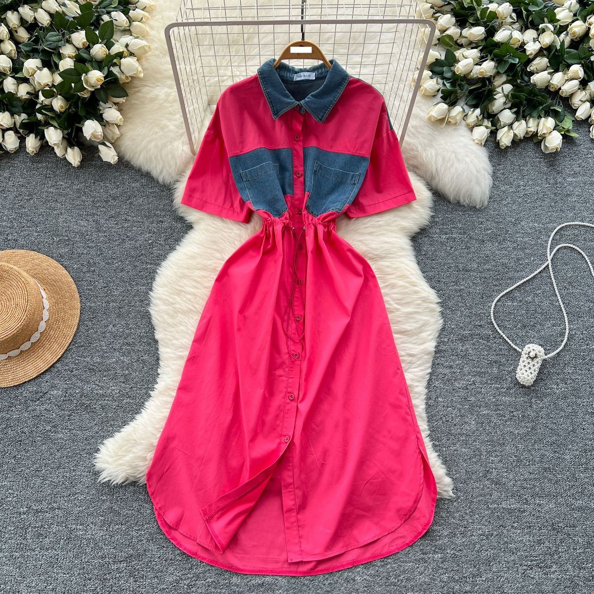 Women's Denim Shirt Dress - Summer 2025 Lapel Design With Tie Waist & Side Slit_ecoleips.com