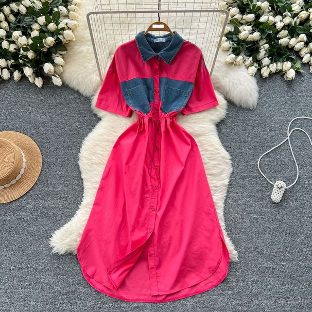 Women's Denim Shirt Dress - Summer 2025 Lapel Design With Tie Waist & Side Slit_ecoleips.com