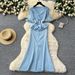 Women's Clothing Heavy-duty Pearl Buckle Waist Lotus Leaf Pendulum V-neck Short-sleeved Knitted Dress_ecoleips.com