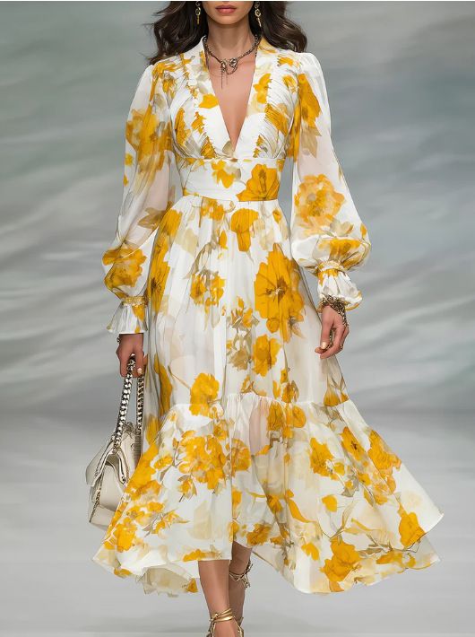 Elegant Retro Floral Print Chiffon Midi Dress With V-Neck & Flutter Sleeves – Feminine & Timeless For Women_ecoleips.com