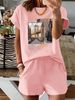 Summer New Black New York Pattern T-shirt, Casual Printed Round Neck Short Sleeved Top With Elastic Waist Pocket, Women's Two-piece Set-284_ecoleips.com