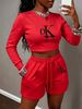 Women's Clothing In Stock Trendy Cross Border Brand Spring/summer New Arrival Letter Print Crew Neck Cropped Sweatshirt + Elastic Waist Shorts_ecoleips.com
