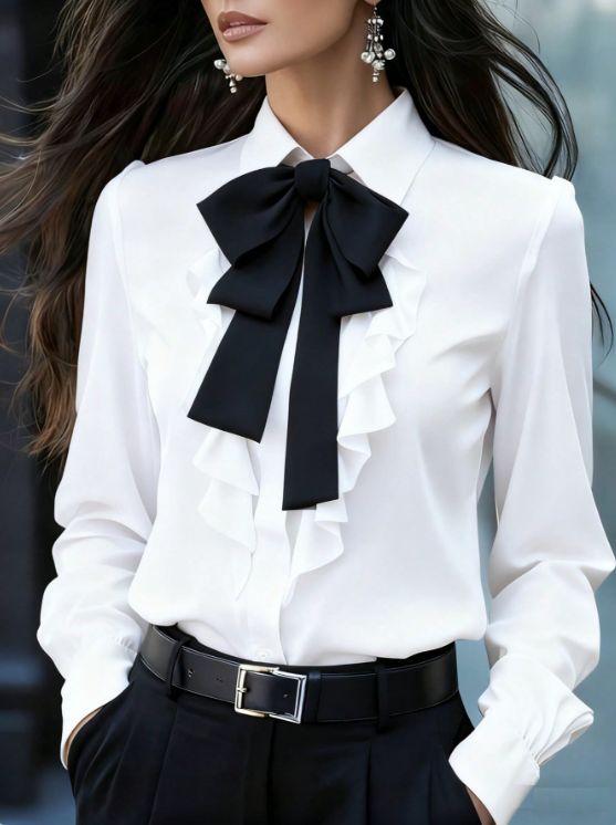Ladies' Stylish And Elegant Long-sleeved Shirt With A Black Collar Featuring Ribbon Ruffled Edges And Bow Details_ecoleips.com