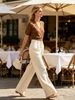English: French Elegant V - Neck Crossover Design Double - Row Gold Button Short - Sleeve Knit Top_ecoleips.com