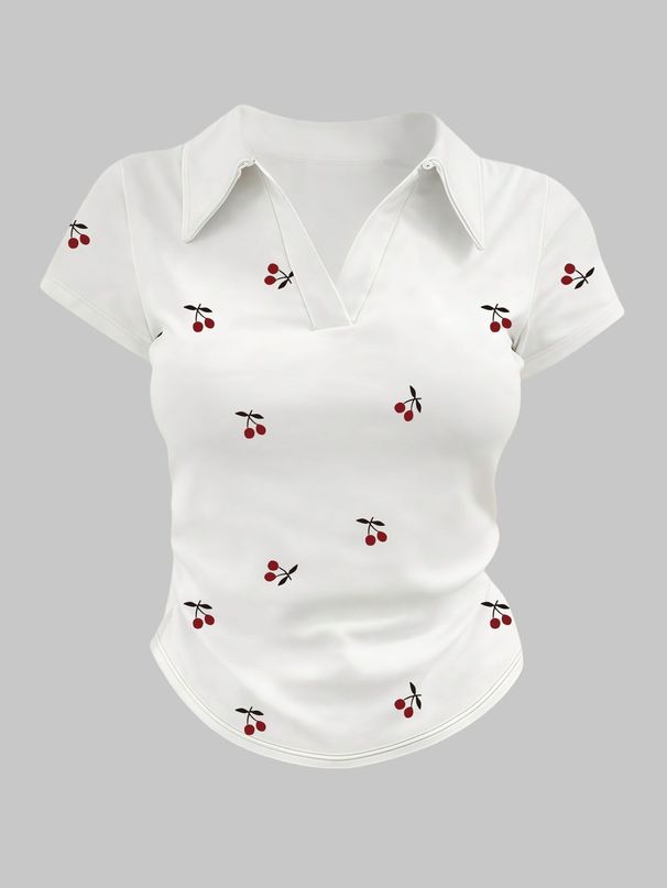Fashion Women's Pocket Shirt Cherry Print C 9763 New Style Top Relaxed Everyday Wear Comfortable Feshion_ecoleips.com