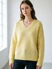 Pastel Yellow Pit Rib Knit Sweater, Loose V Neck Lightweight Breathable Soft Skin-touch Long Sleeve Pullover_ecoleips.com