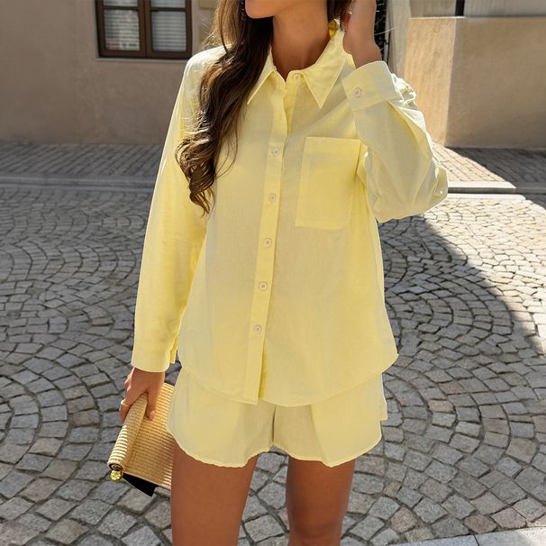DiYun European American Casual Style Versatile Long-sleeve Shirt And Shorts Two-piece Women's Set 2026 Summer_ecoleips.com