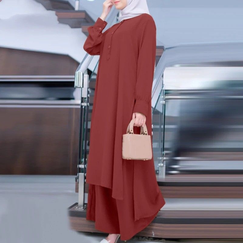 2025 Muslim Solid Color Women's Two-Piece Casual Loose Long Sleeve Wide-Leg Pants Set_ecoleips.com