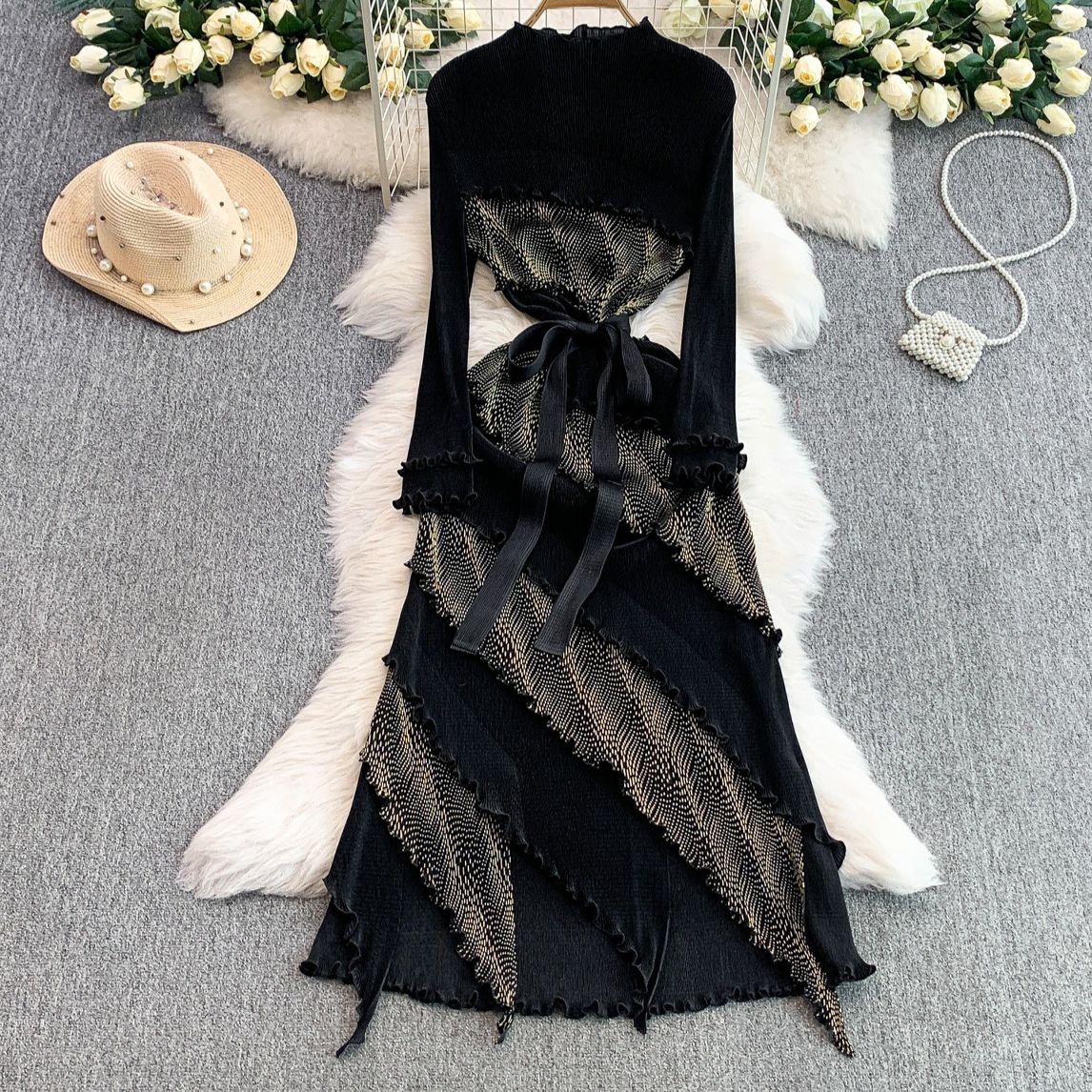 Women's Clothing Retro Long Sleeved Dress Dress Female Summer High End Light Pleated Waist Earrings Long Skirt_ecoleips.com