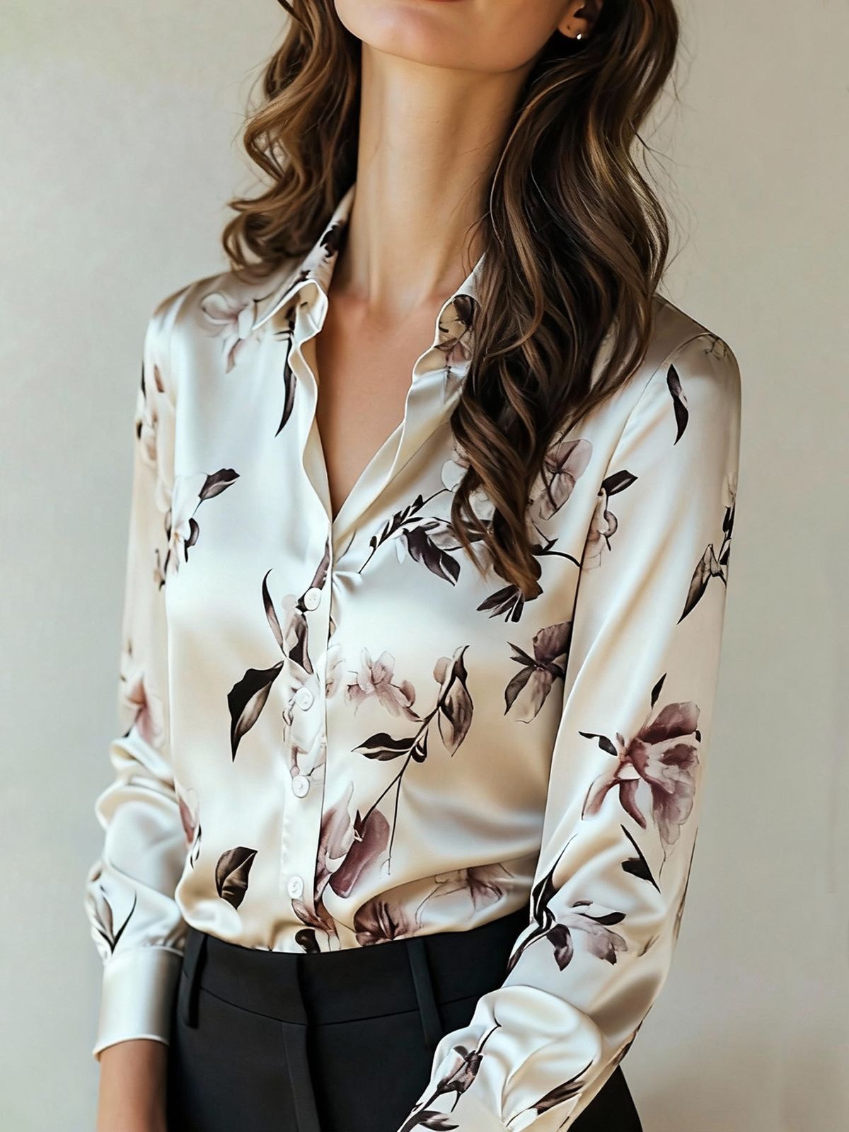 Silk-Touch Satin Blouse With Watercolor Floral Print – Elegant Long Sleeve Shirt For Office & Evening, Breathable Polyester With Stretch (S-XL, Ivory)_ecoleips.com