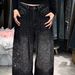 Plus Size Vintage Distressed Rhinestone Jeans For Women – Oversized Wide-Leg High-Waisted Denim Pants With Embellishments (Streetwear Style)_ecoleips.com