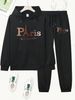 Women's Autumn And Winter Casual Fashion Paris Letter Pattern Printed Thick Fleece Warm Hooded Sweatshirt+sports Pants Set-749_ecoleips.com