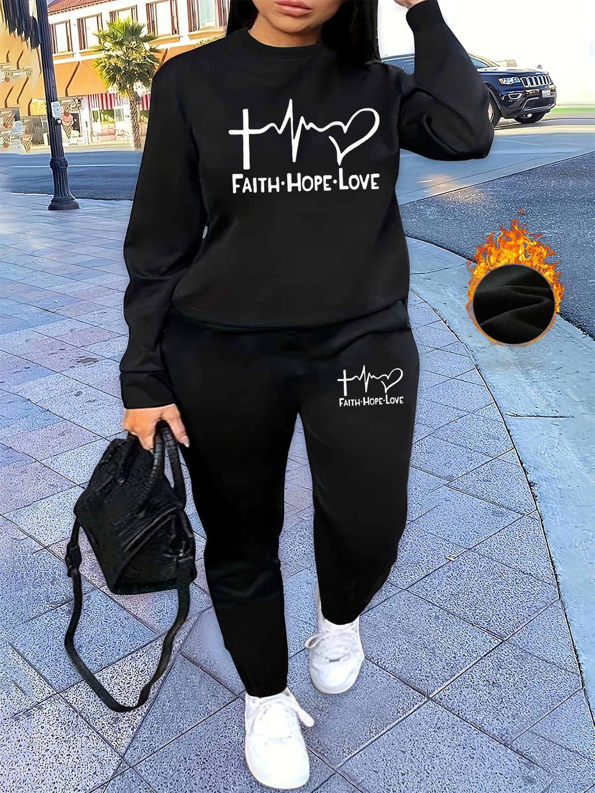 Women's Autumn/Winter Hip Hop Casual Street FAITH HOPE LOVE Letter Printed Round Neck Sweatshirt+Sweatpants Warm Set-640_ecoleips.com