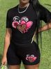 Summer Women's Casual Fashion Love Floral Print Loose T-shirt+shorts Two-piece Sportswear Suitable For Daily Wear-122_ecoleips.com