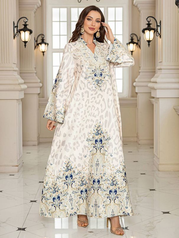 Middle East Cross-Border Muslim Long Robe Leopard Print Beaded Rhinestone Arabic Dress For Women, Stylish And Elegant Clothing_ecoleips.com