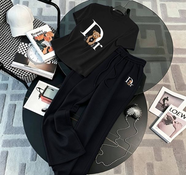DR Bear Women's Casual Clothing Set T-Shirt Wide Leg Pants Mid-Waist Drawstring Straight Leg Trousers Matching Summer Outfit_ecoleips.com