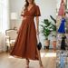 Women's Solid Color Deep V Neck Smocked High Waist Maxi Dress With Side Slit – Casual Flowy Summer Gown_ecoleips.com