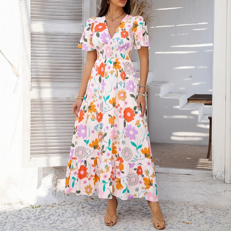 Spring/Summer Casual Bohemia-Style Print Collar Dress With Colorful V-Neck And High-Waisted Short Sleeves_ecoleips.com