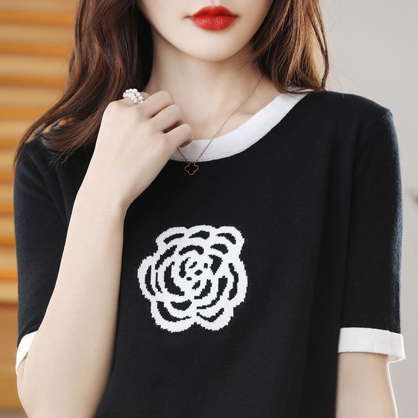 Women's Clothing Women's Fashion Color Block Round Neck Camellia T-Shirt Short Sleeve Loose Fit Slimming Wool Knit Top For Summer_ecoleips.com