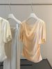 Women's Pure Elegant Short Sleeve T-Shirt Summer Style Faux Two-Piece Waist Cinching Pleated Versatile Top with Scarf_ecoleips.com