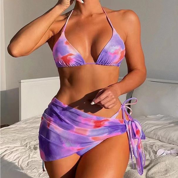 Women's Clothing Three Piece Swimsuit Sexy Three Point Halter Neck Tie Back New Tie Dye Strap Beach Skirt_ecoleips.com