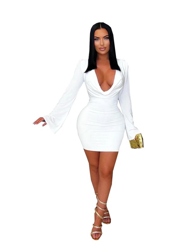 TW867 Women's Long Sleeve Bodycon Mini Skirt Elegant Deep V Sexy Slim Fit European American Style Cross Border Foreign Trade Dress_ecoleips.com