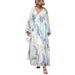 Women's Printed Chiffon V Neck Perspective Pleated Waist Drawstring Long Sleeve Dress_ecoleips.com
