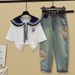 Women's Clothing Fashionable Women's Preppy Style Set With Navy Collar Top And Embroidered Ethnic Short Sleeve Shirt Trendy Style Jeans_ecoleips.com