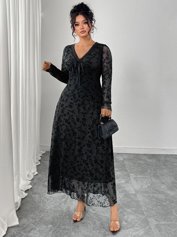 Women's Clothing Plus Size Clothes Luxury Jacquard Long Sleeve Dress – Elegant V-Neck Tie-Waist Gown With Mesh Detailing_ecoleips.com