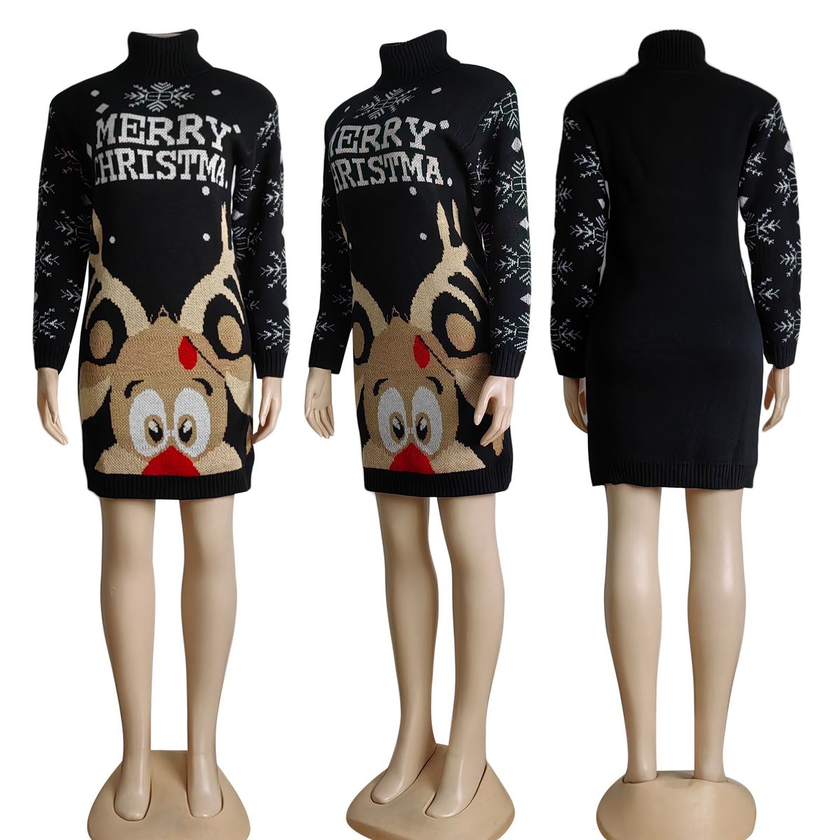 High Neck Knitted Sweater Dress for Women Autumn Winter Christmas Thick Fashionable 3 Colors Available Q6167_ecoleips.com
